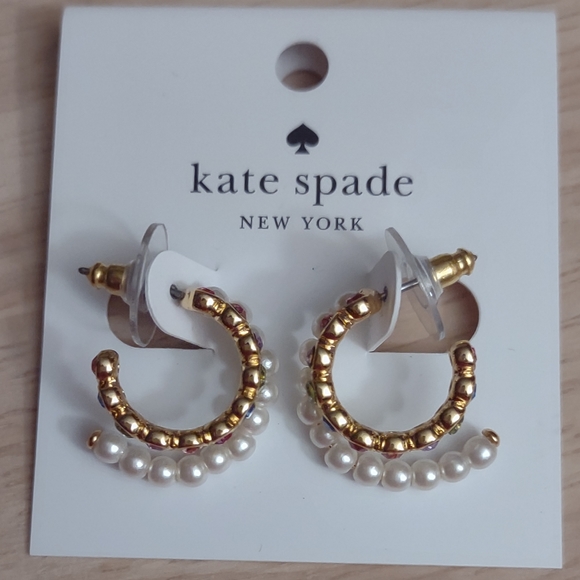 Kate Spade Colorful Crystal Gold Duo Strand Pearl Mini Hoop Earrings - Picture 4 of 4